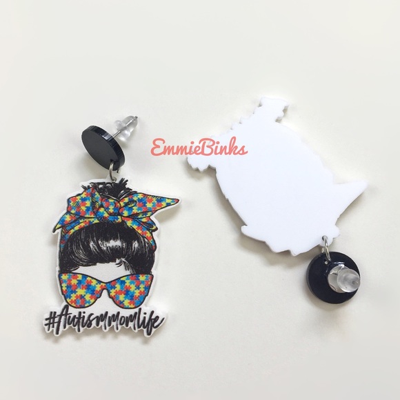 ✨3for$38mixMatch New Autism Mom Life Messy Bun Puzzle Piece Drop Dangle Earrings - Picture 3 of 8